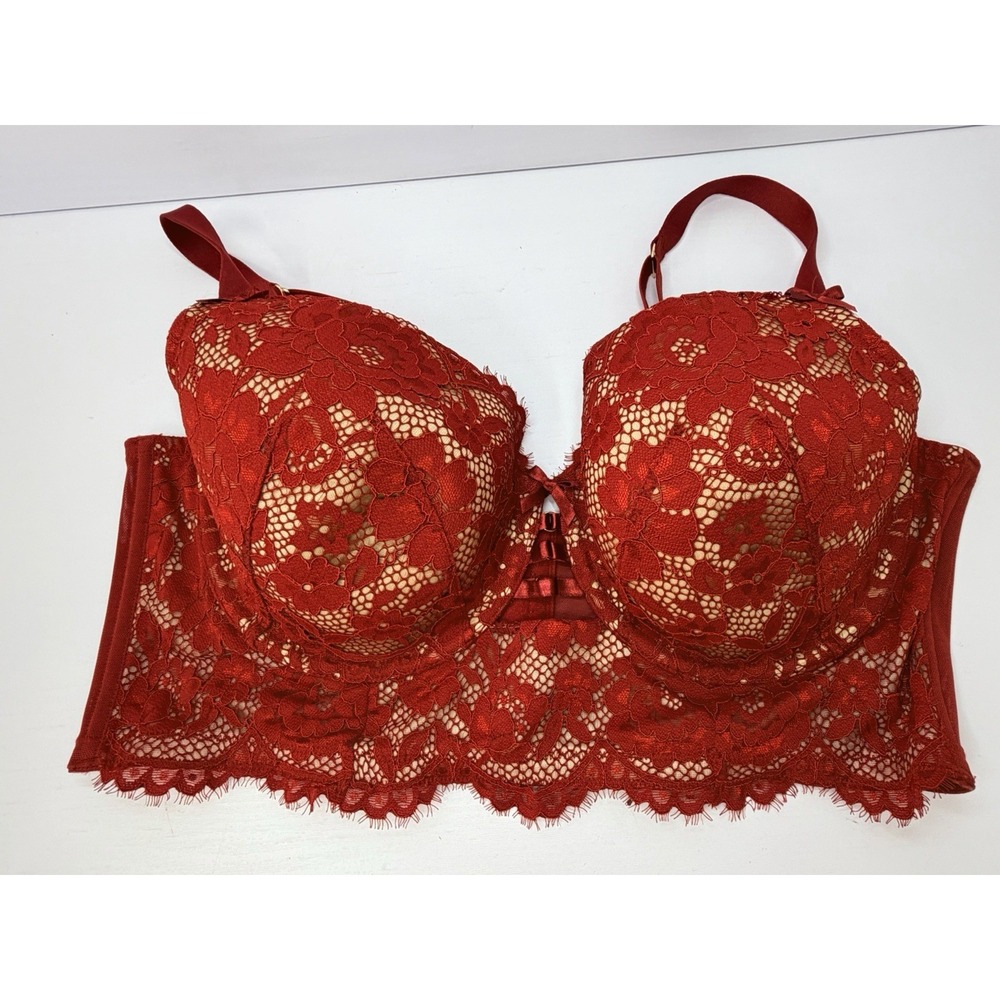 Cacique 42D Red Floral Lace Longline Bra Underwire Bustier Sexy Lingerie